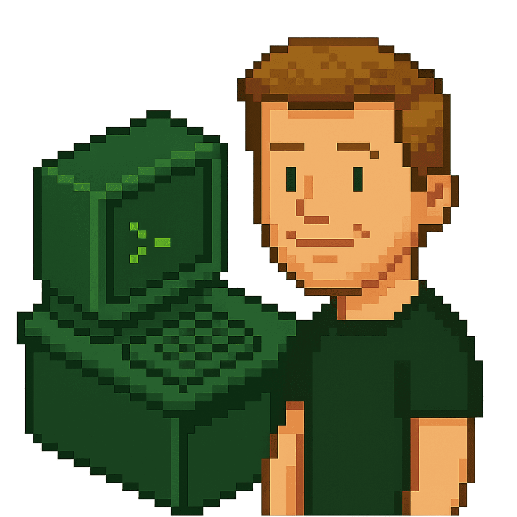 Pixel art avatar of Jarrad Nicoll beside a retro green terminal—Next Point Digital’s managed WordPress hosting brand style
